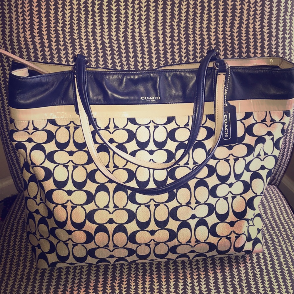 Monogrammed Blue/ Tan Coach Tote